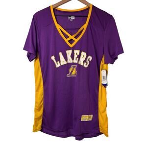 NEW ERA LAKERS PURPLE YELLOW V-NECK SHORT SLEEVE SHIRT SIZE XL NEW WITH TAGS